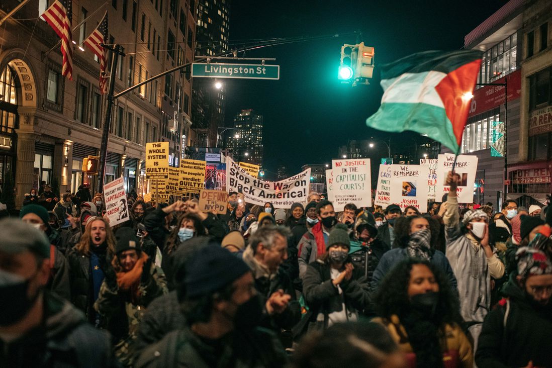 Protesters near Livingston Street, which is several blocks from the Brooklyn Bridge, at a demonstration against the not guilty verdict for Kyle Rittenhouse.